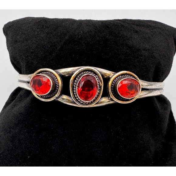 Silver Tone Triple Red Faux Garnet Stone Adjustable Cuff Native Style Bracelet - Picture 1 of 8